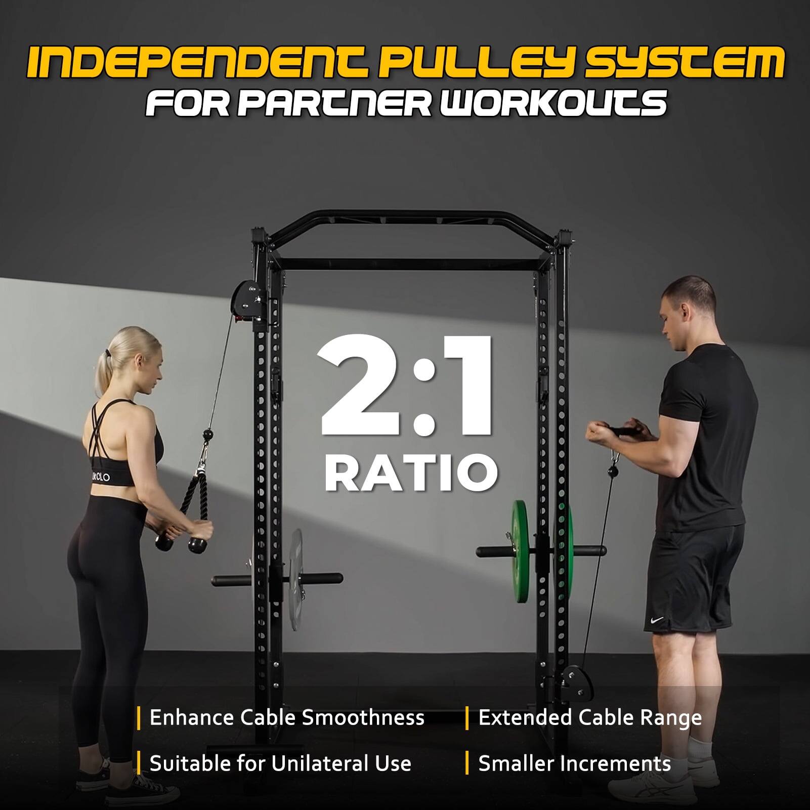 INDEPENDENT PULLEY SYSTEM FOR PARTNER WORKOUTS 2:1 RATIO Enhance Cable Smoothness Extended Cable Range Suitable for Unilateral Use Smaller Increments