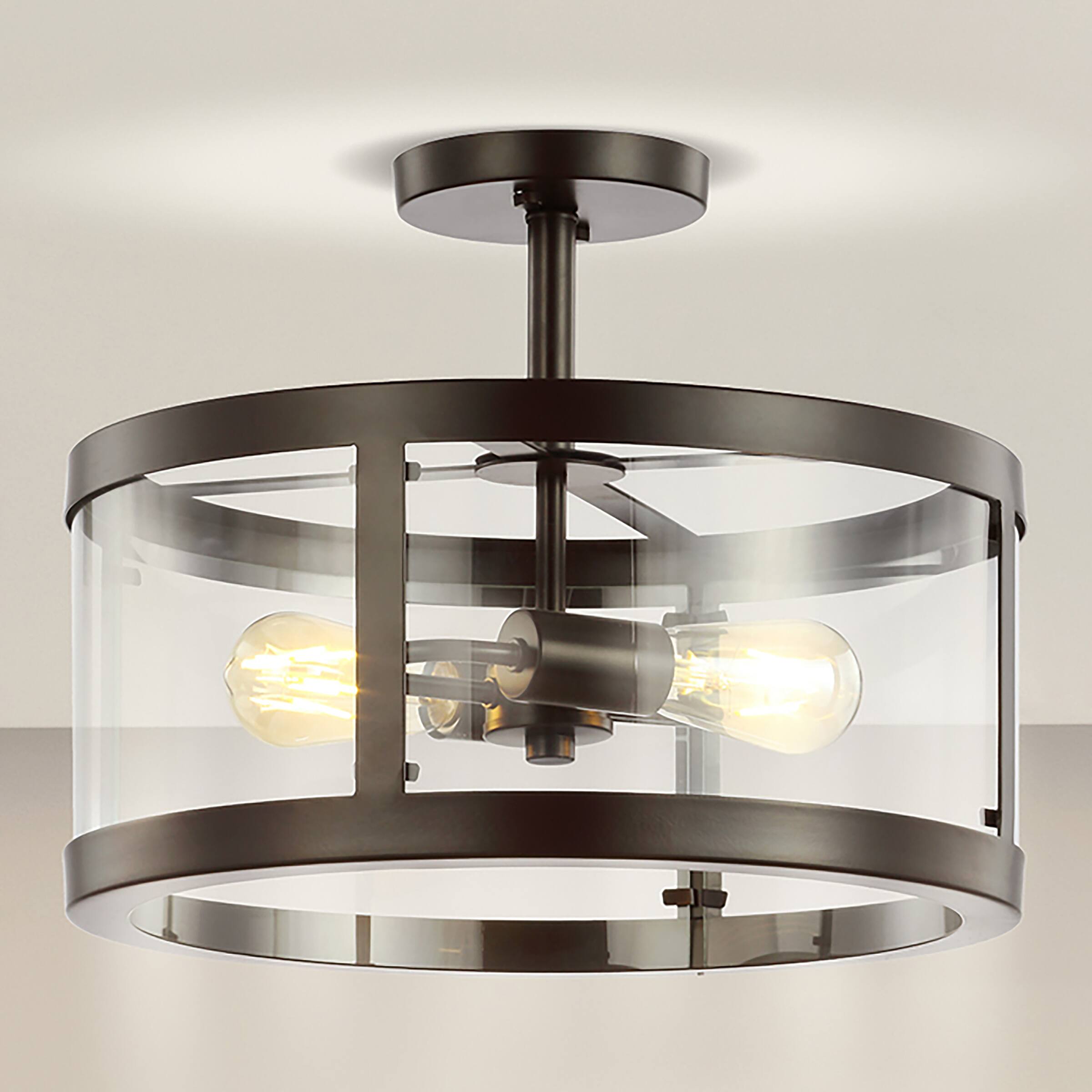 Alt View 1. Jonathan Y - Herndon 2-Light 15" Iron/Glass Modern LED Flush Mount, Black - Oil Rubbed Bronze/Clear.