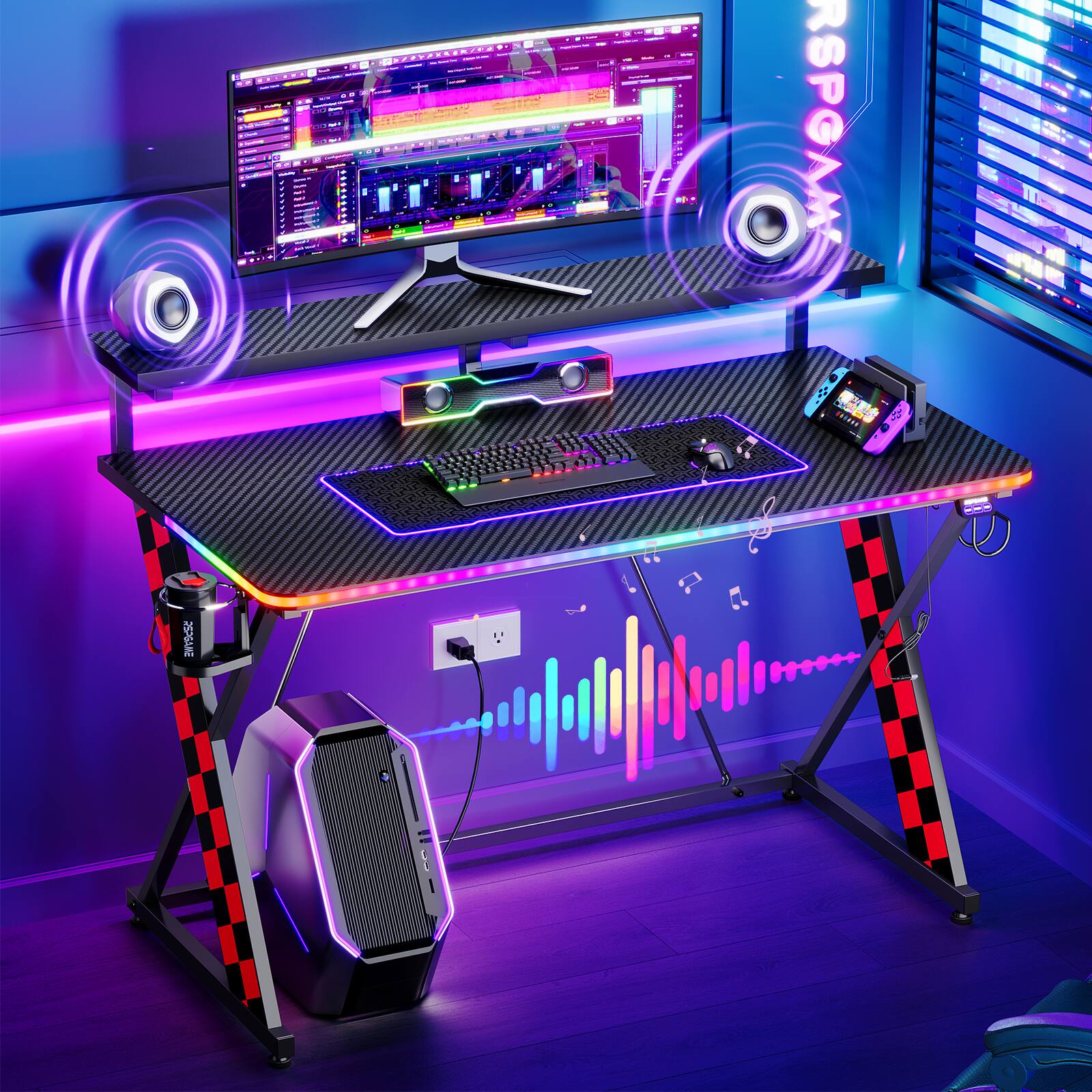 Left. RSPGAME - Basic 43" Music Sync LED Gaming Desk w/ Dynamic Color-Changing & Racing Gear Style,Ergonomic Monitor Stand Computer Desk - Black & Red.