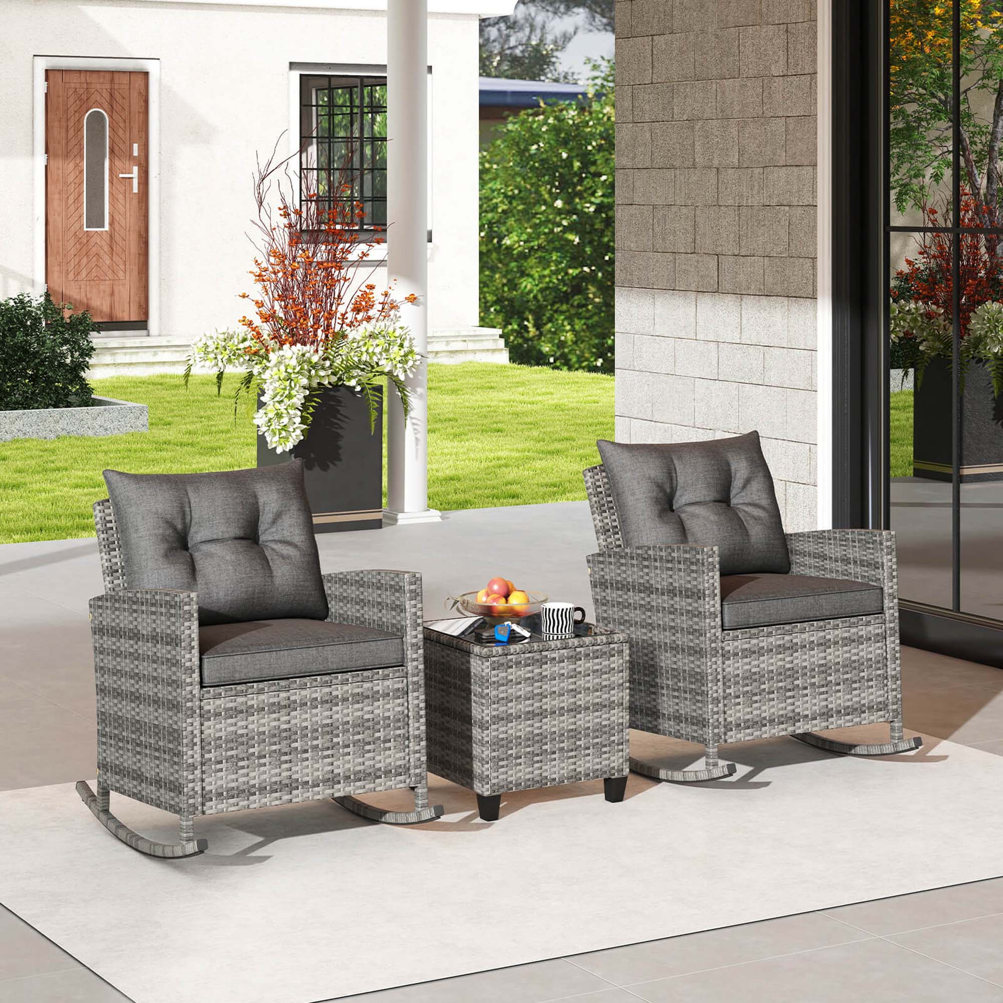 Alt View 3. Costway - 3 PCS Patio Wicker Rocking Set with Tempered Glass Table & Soft Cushions Outdoor - Gray.