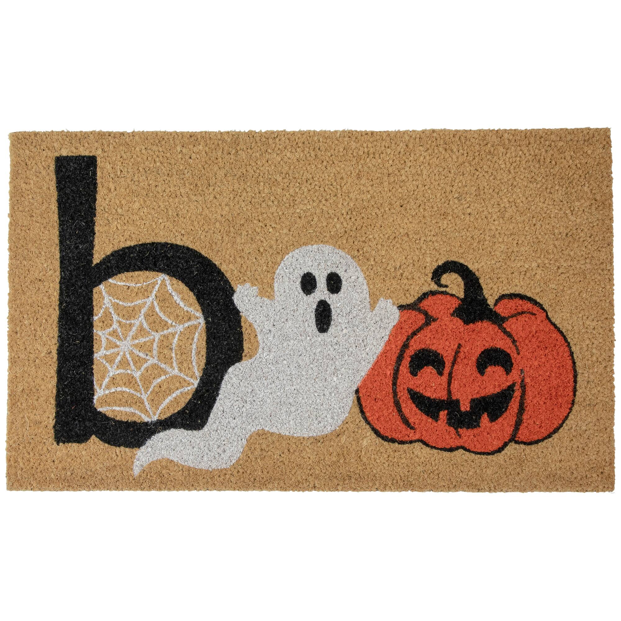 Front. Northlight - Boo Ghost Natural Coir Halloween Doormat - 30" - Beige and Orange - Beige.