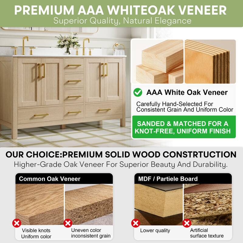 PREMIUM AAA WHITEOAK VENEER  
Superior Quality, Natural Elegance  
AAA White Oak Veneer  
Carefully Hand-Selected For Consistent Grain And Uniform Color  
SAND & MATCHED FOR A KNOT-FREE, UNIFORM FINISH  

OUR CHOICE: PREMIUM SOLID WOOD CONSTRUCTION  
Higher-Grade Oak Veneer For Superior Beauty And Durability.  

Common Oak Veneer  
Visible knots  
Uneven color  
Inconsistent grain  

MDF / Partiele Board  
Lower quality  
Artificial surface texture