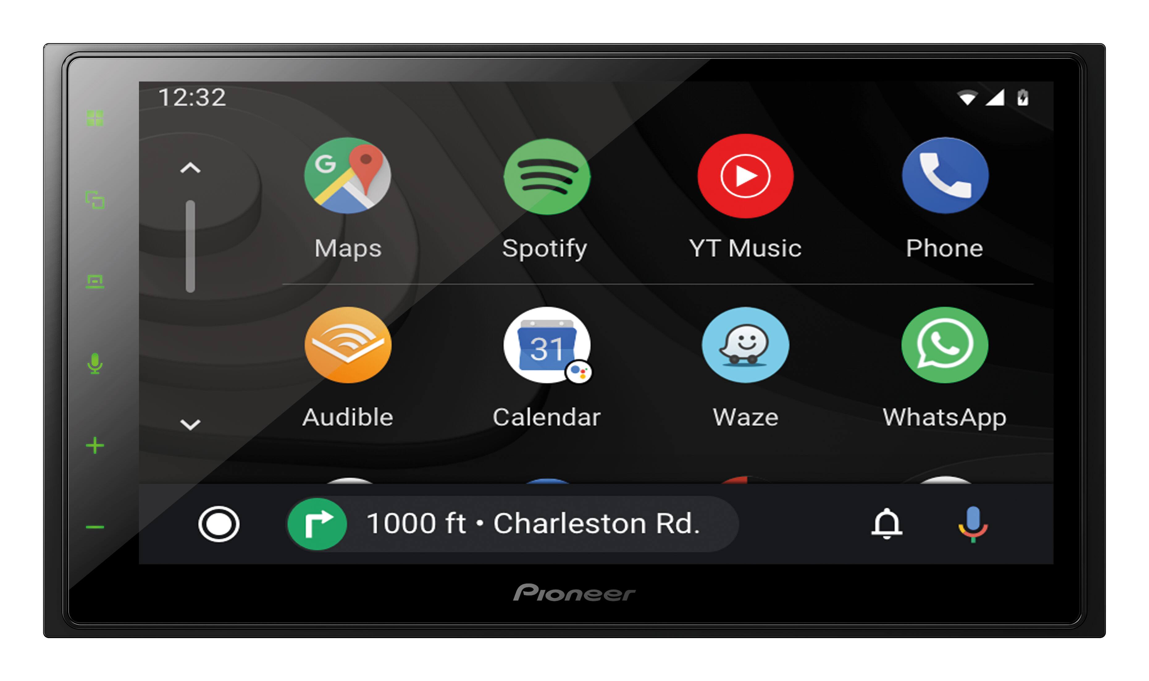 12:32  
G Maps Spotify YT Music Phone  
31 + Audible Calendar Waze WhatsApp  
1000 ft Charleston Rd.  
Pioneer