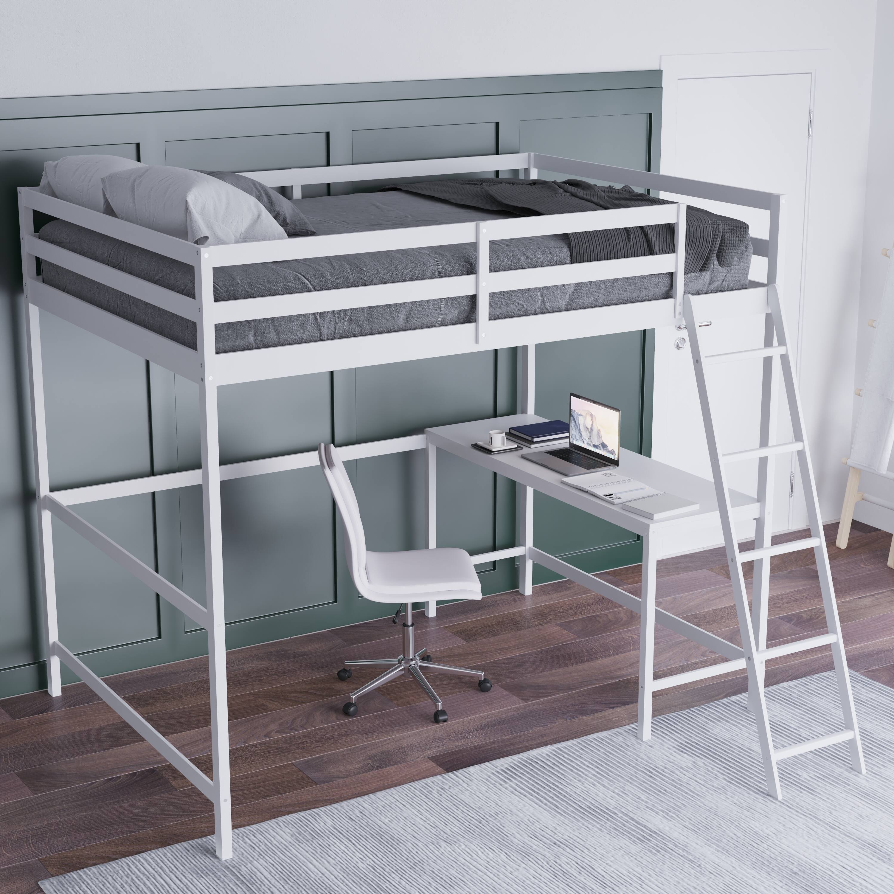 Front. Emma + Oliver - Wooden Loft Bed Frame with Integrated Desk and Ladder - White.