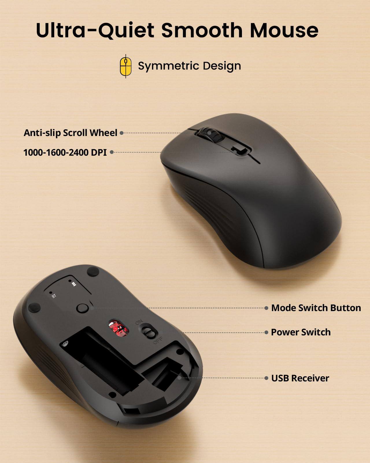 Ultra-Quiet Smooth Mouse

Symmetric Design

- Anti-slip Scroll Wheel
- 1000-1600-2400 DPI

- Mode Switch Button
- Power Switch
- USB Receiver