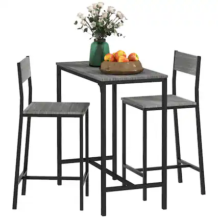 Front. Homcom - 3 Piece Bar Table and Chairs, Industrial Dining Table Set for 2, Counter Height Kitchen Table with Bar stools - Gray.