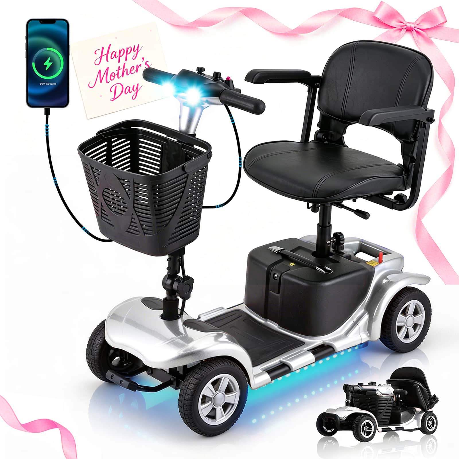 Hover Heart - 4 Wheel Mobility Scooter for Adults, Portable Electric Travel Scooter with Adjustable Seat, Light and Basket - Silver