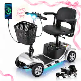 Hover Heart - 4 Wheel Mobility Scooter for Adults, Portable Electric Travel Scooter with Adjustable Seat, Light and Basket - Silver