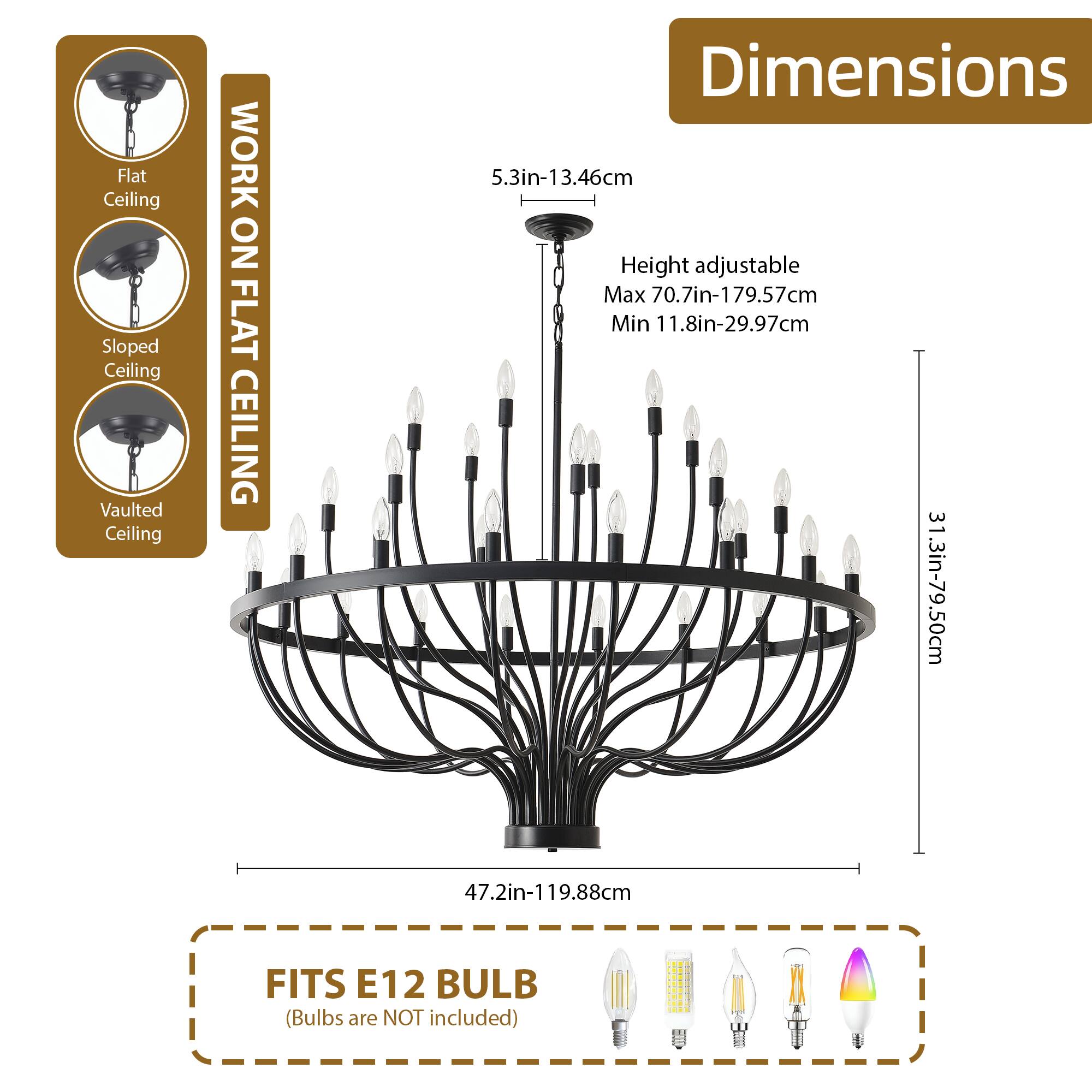 Alt View 1. RYHNUYNE - 47.2-Inch Farmhouse Foyer Chandelier Entryway High Ceiling 33-Light Candle Chandelier Light Fixtures for Hallway - Black.