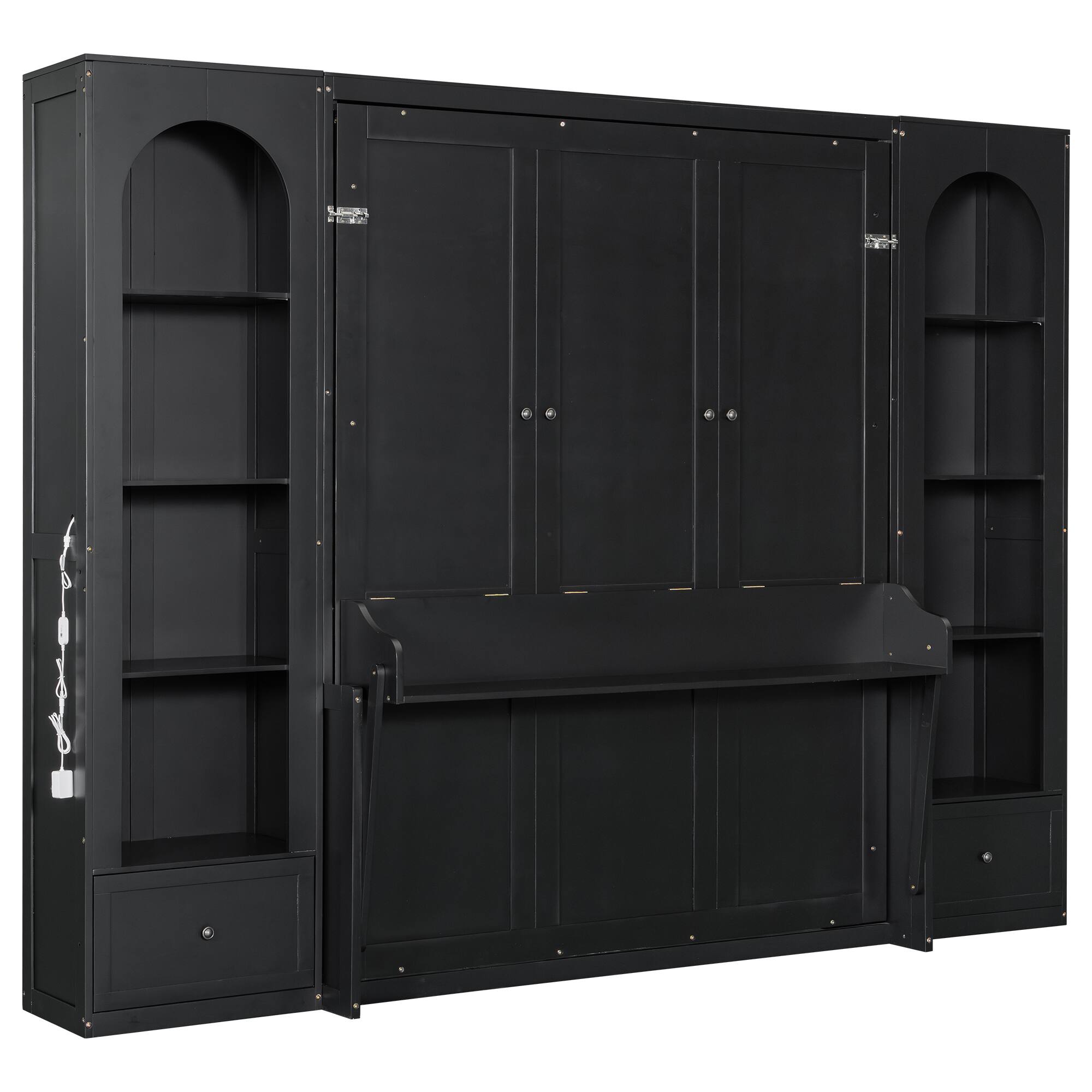 Alt View 2. Whisen - Queen Size Murphy Bed with Shelves, Storage Cabinets, Drawers & LED Lights, Wood Platform Bed - Black.