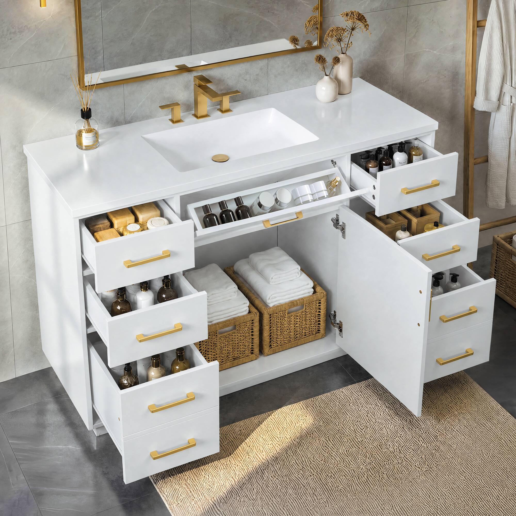 Alt View 3. JUJABU - Freestanding 48'' White Bathroom Vanity with Sink Top,7 Drawers,1 Door and Soft Close Hinges - White.