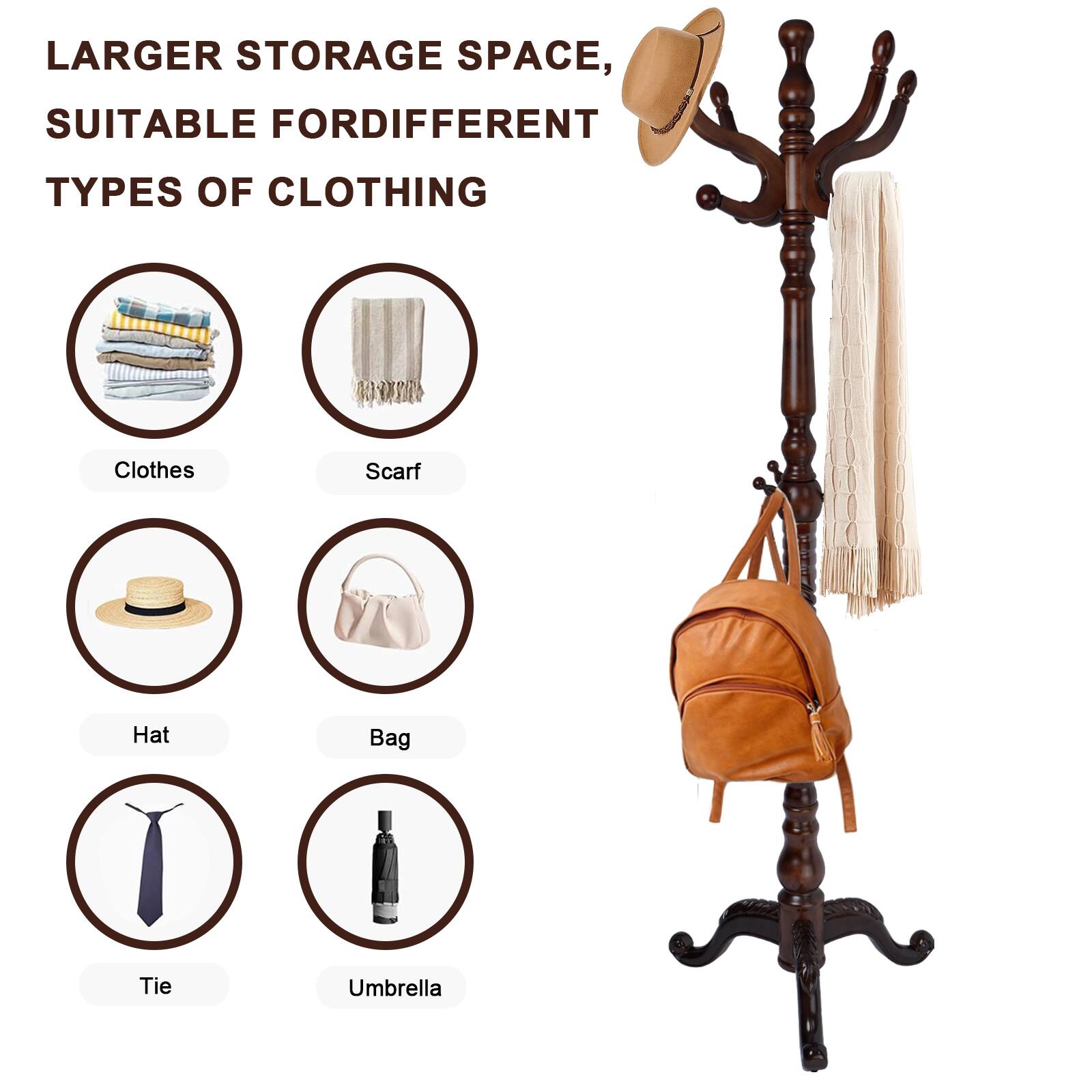 Larger storage space, suitable for different types of clothing: Clothes, Scarf, Hat, Bag, Tie, Umbrella.