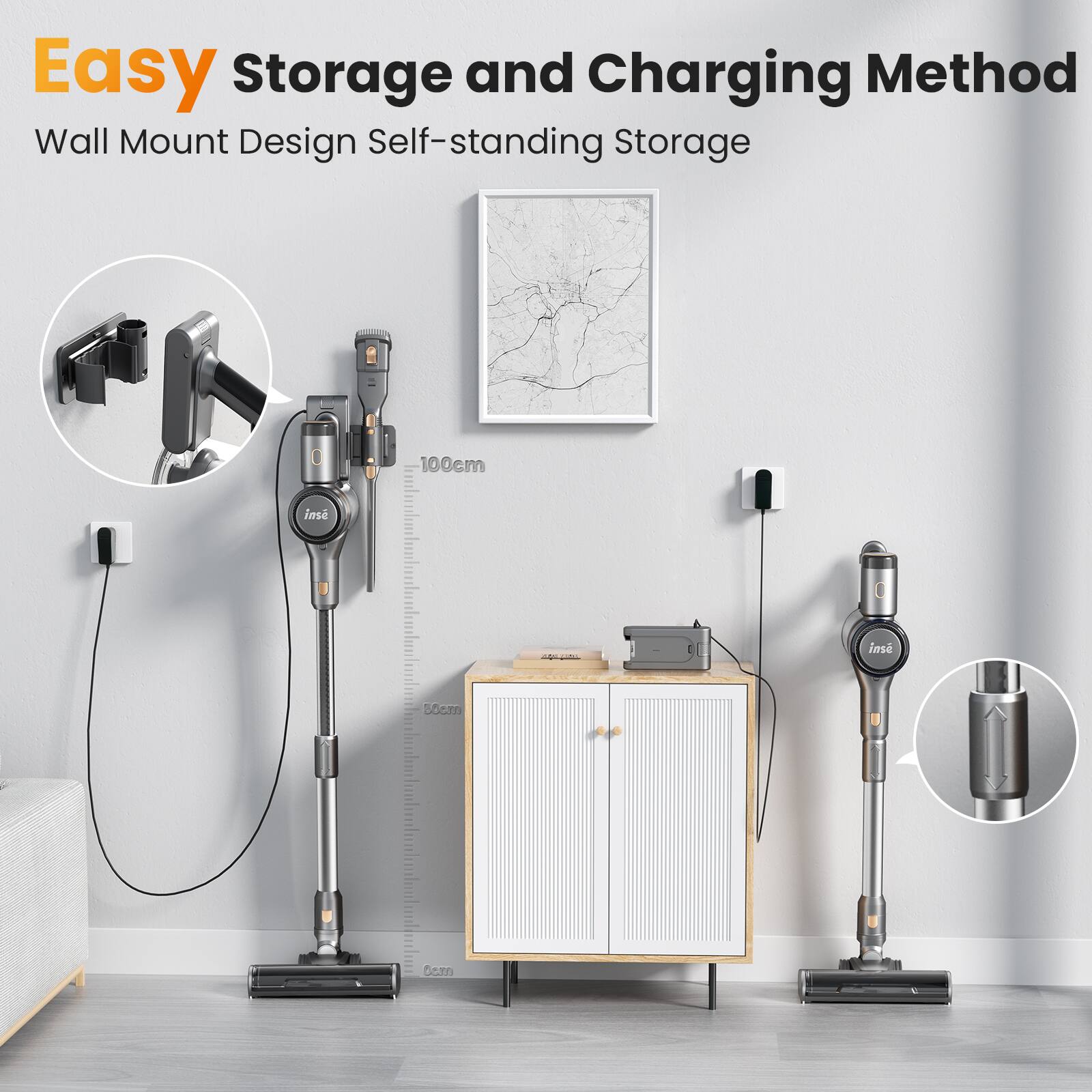 Easy Storage and Charging Method  
Wall Mount Design Self-standing Storage