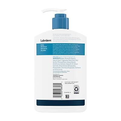 Lubriderm Daily Moisture Normal to Dry Skin

INGREDIENTS:
Mineral Oil, Cyclopentasiloxane, Cetyl Alcohol, Sodium Myristoyl Glutamate, Glycerin, Aqua, PEG-100 Stearate, Stearic Acid, Dimethicone, PEG-8, PEG-120 Methyl Glucose Dioleate, Sodium Hydroxide, Fragrance, Tocopheryl Acetate, BHT, Methylparaben, Propylparaben, Disodium EDTA, Citric Acid, Phenoxyethanol, Potassium Sorbate, Sodium Benzoate, Ethylparaben, Butylparaben, Isobutylparaben, Isopropylparaben, Water.

NET WT 28 FL OZ (828g)

552-00-4

WIN F

48856 5A998-8