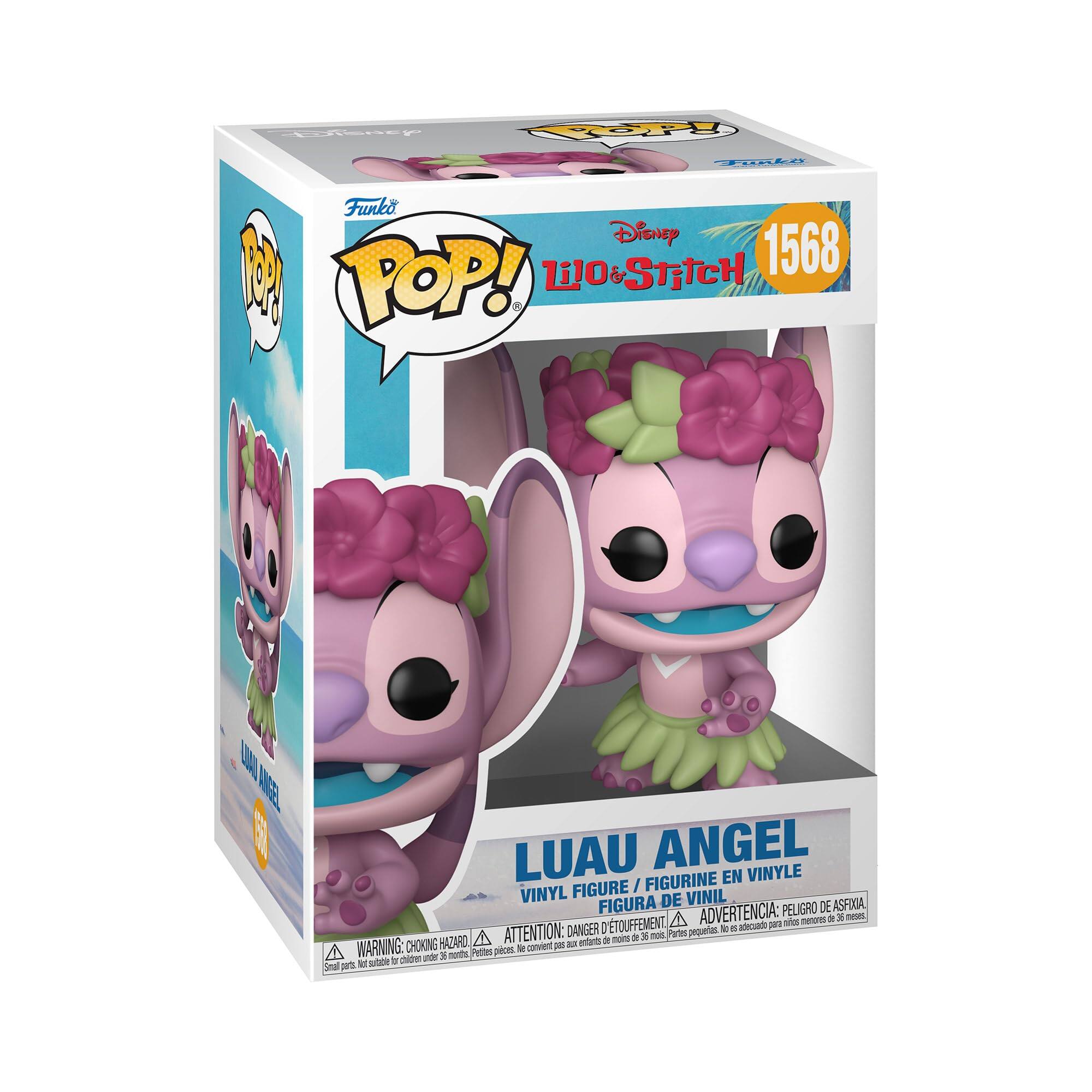 Disney & Stitch 1568 POP! LUAU ANGEL VINYL FIGURINE EN VINYLE FIGURE DE VINIL FIGURA ADVERTENCIA: PELIGRO DE ASFIJA WARNING: CHOKING HAZARD ATTENTION: DANGER pequeñas piezas peligrosas de ta no Partes pequeñas peces plae - 2 months Nc sulbee 1 Sa ps