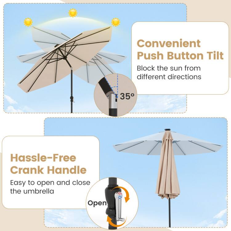 Convenient Push Button Tilt  
Block the sun from different directions  

Hassle-Free Crank Handle  
Easy to open and close the umbrella