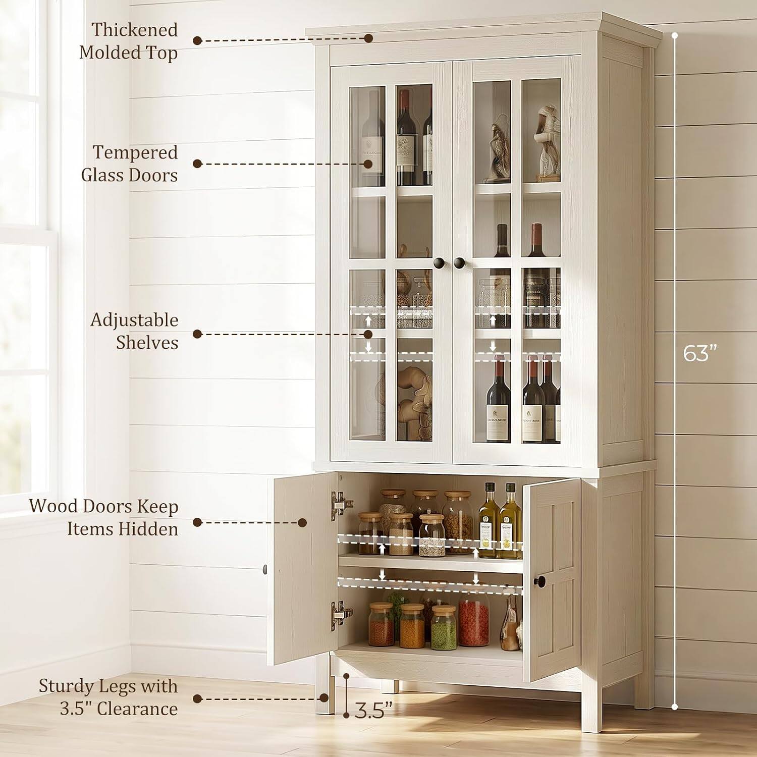 Thickened Molded Top  
Tempered Glass Doors  
Adjustable Shelves  
63"  
Wood Doors Keep Items Hidden  
Sturdy Legs with 3.5" Clearance