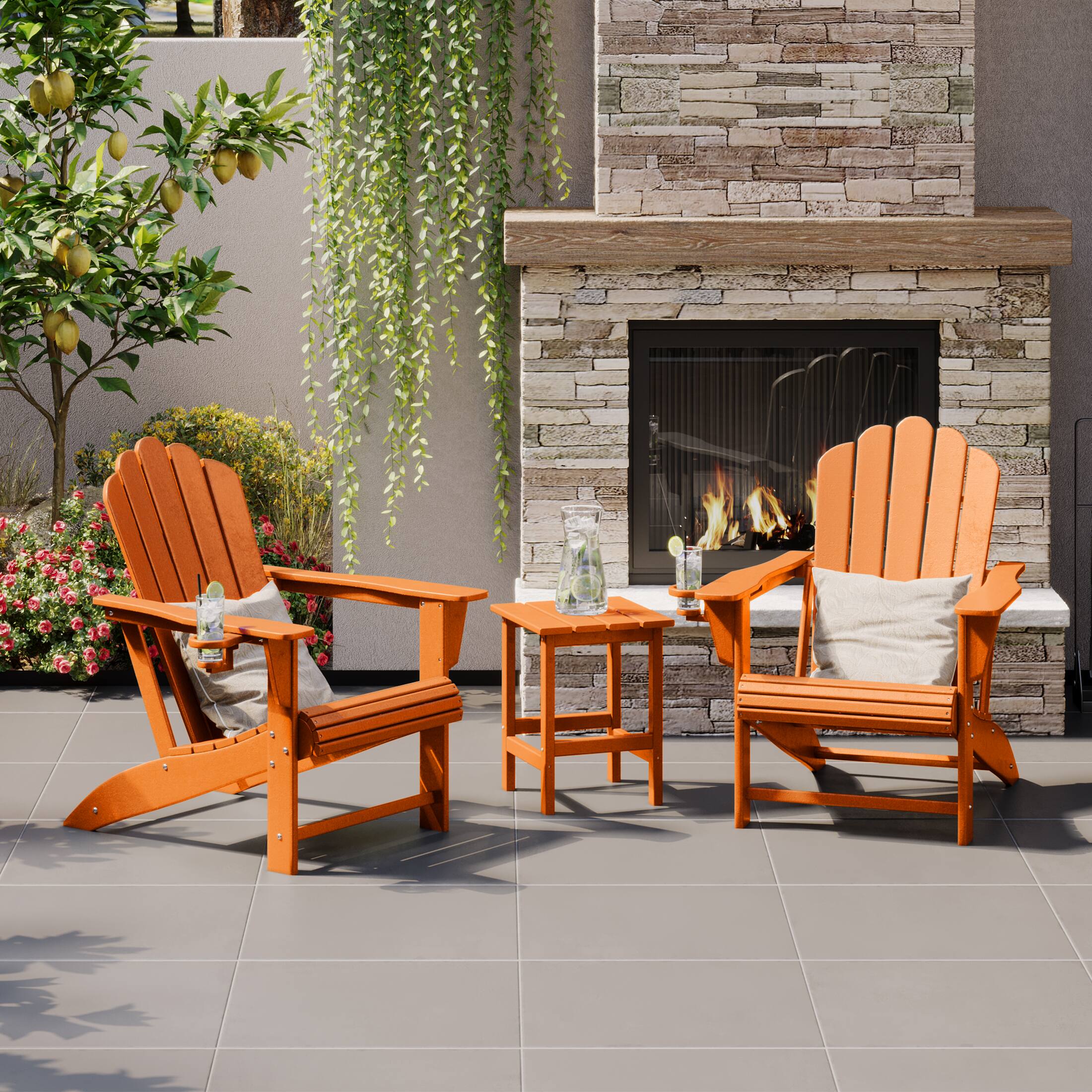 Angle. WestinTrends - WestinTrends Highland 3-Piece Outdoor Patio HDPE Adirondack Chair With Cup Holder and Table Set - Orange.