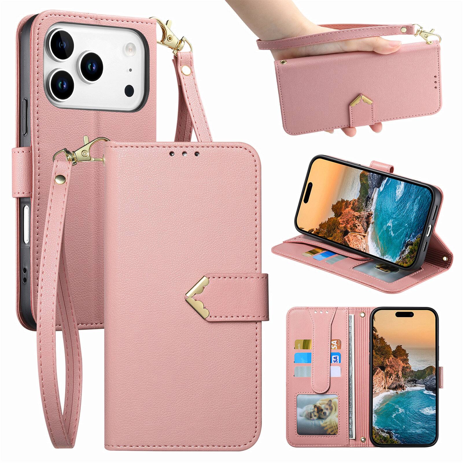 Front. Dteck - Leather Wallet Case for Apple iPhone 18 Pro with Crossbody Strap, Shockproof Card Holder Kickstand Protective Cover - Rosegold.