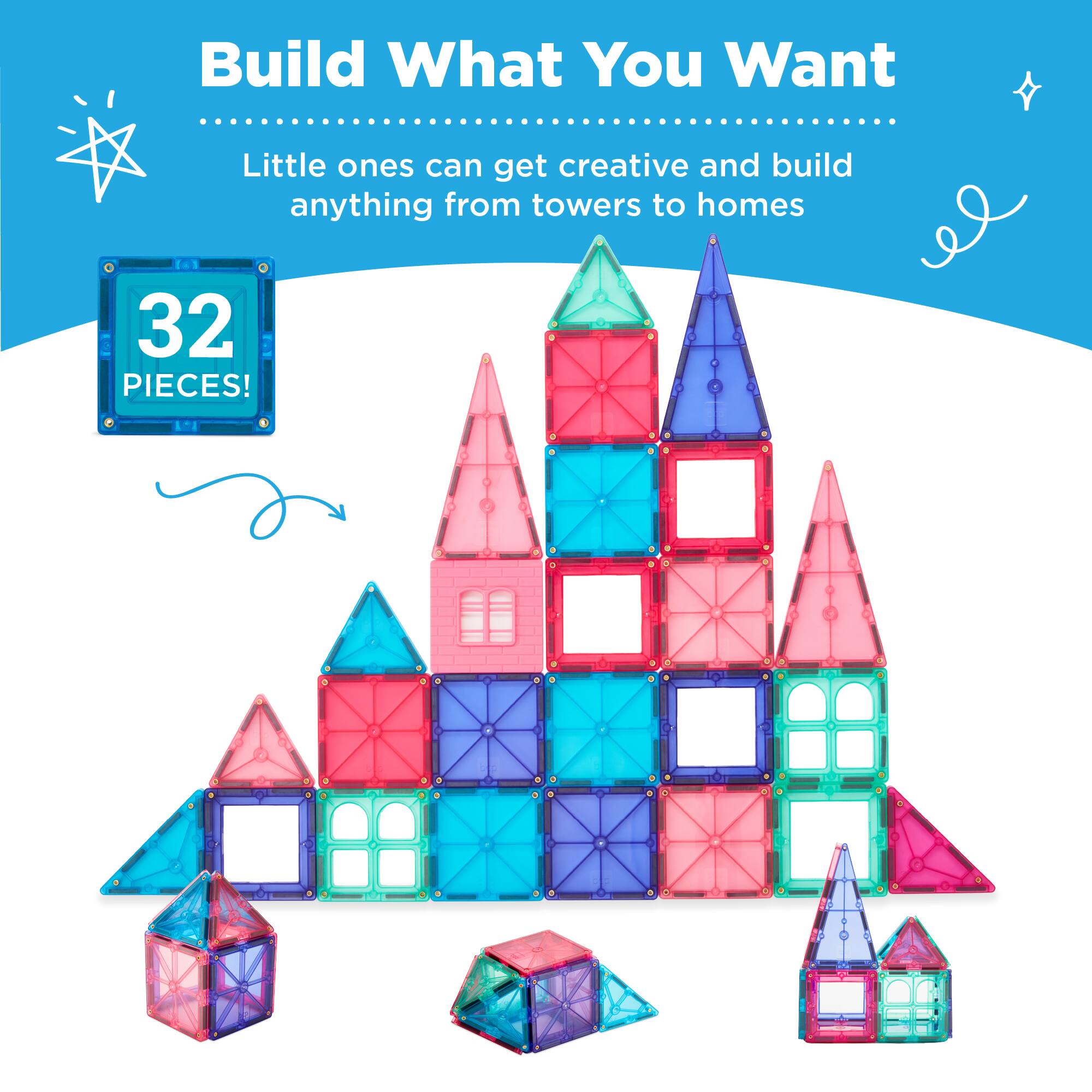 Build What You Want

Little ones can get creative and build anything from towers to homes

32 PIECES!