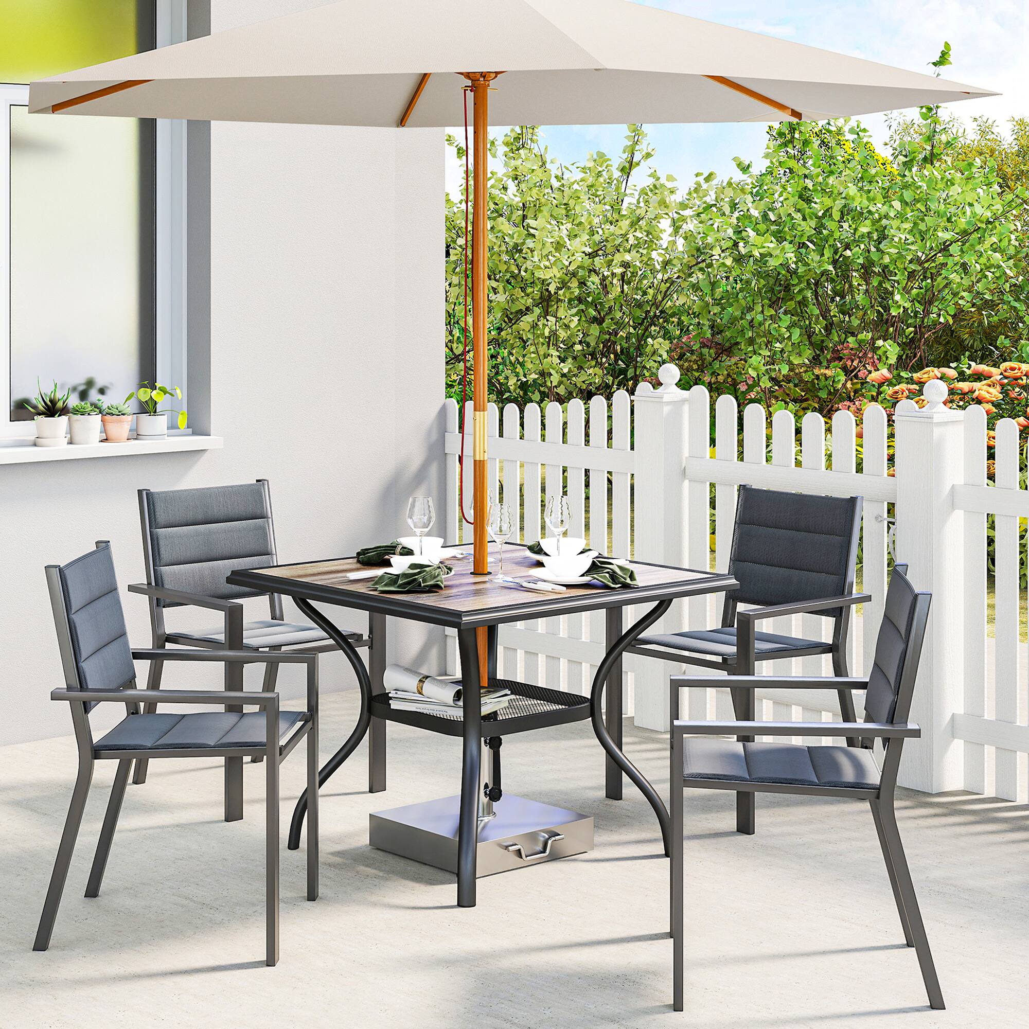 Alt View 1. Outsunny - Outdoor Dining Table for 4 People, 37" Square Outdoor Patio Table with Umbrella Hole, Storage Shelf and Faux Wood Top - Gray.
