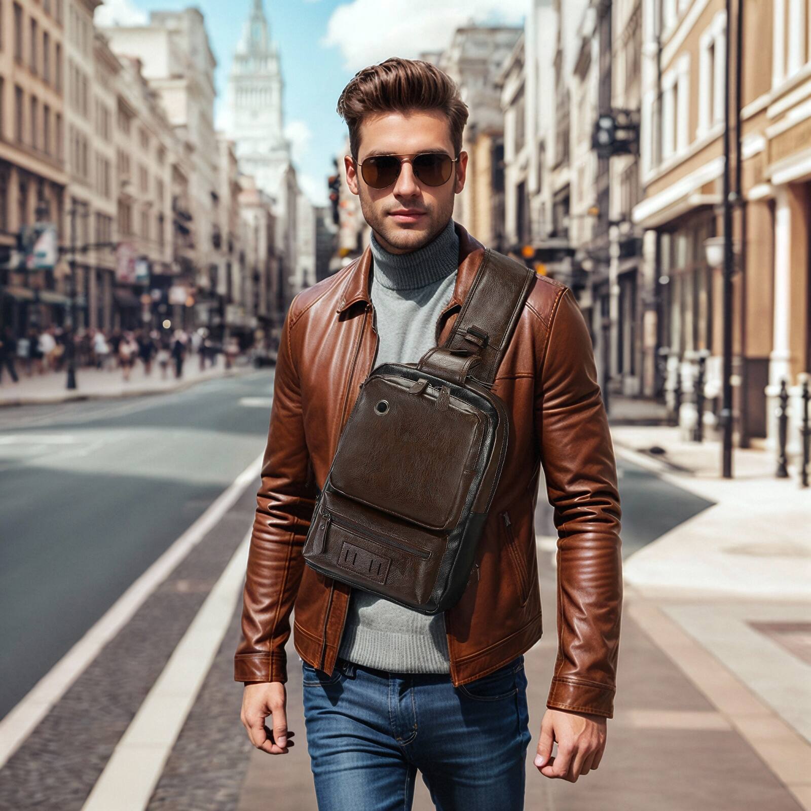 Alt View 1. Unique Bargains - Vintage PU Leather Sling Backpack for Men Women Crossbody Bag Compact Backpack for Travel Daily Use and Gift - Dark Brown.