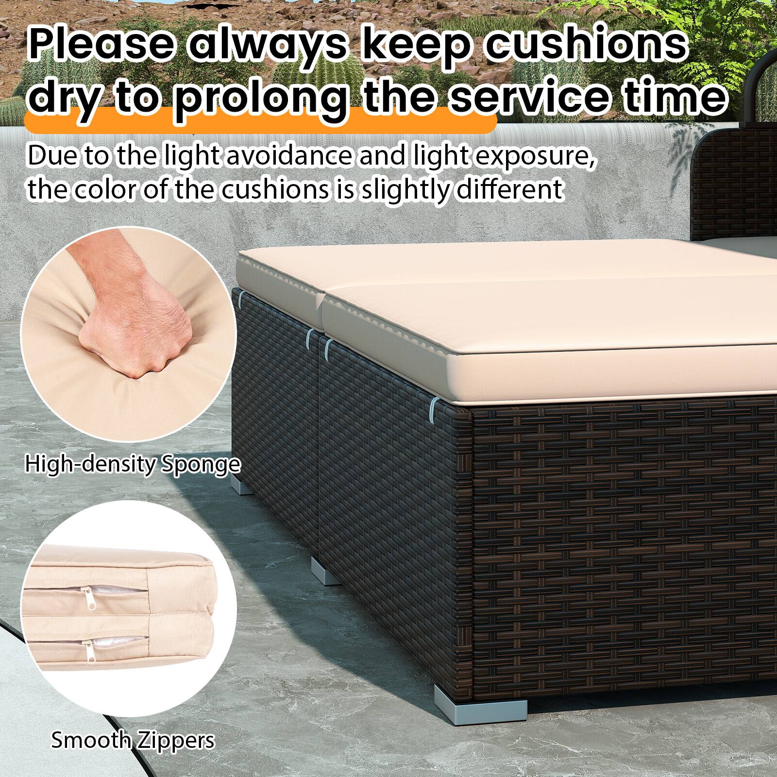 Please always keep cushions dry to prolong the service time. Due to the light avoidance and light exposure, the color of the cushions is slightly different.

High-density Sponge  
Smooth Zippers