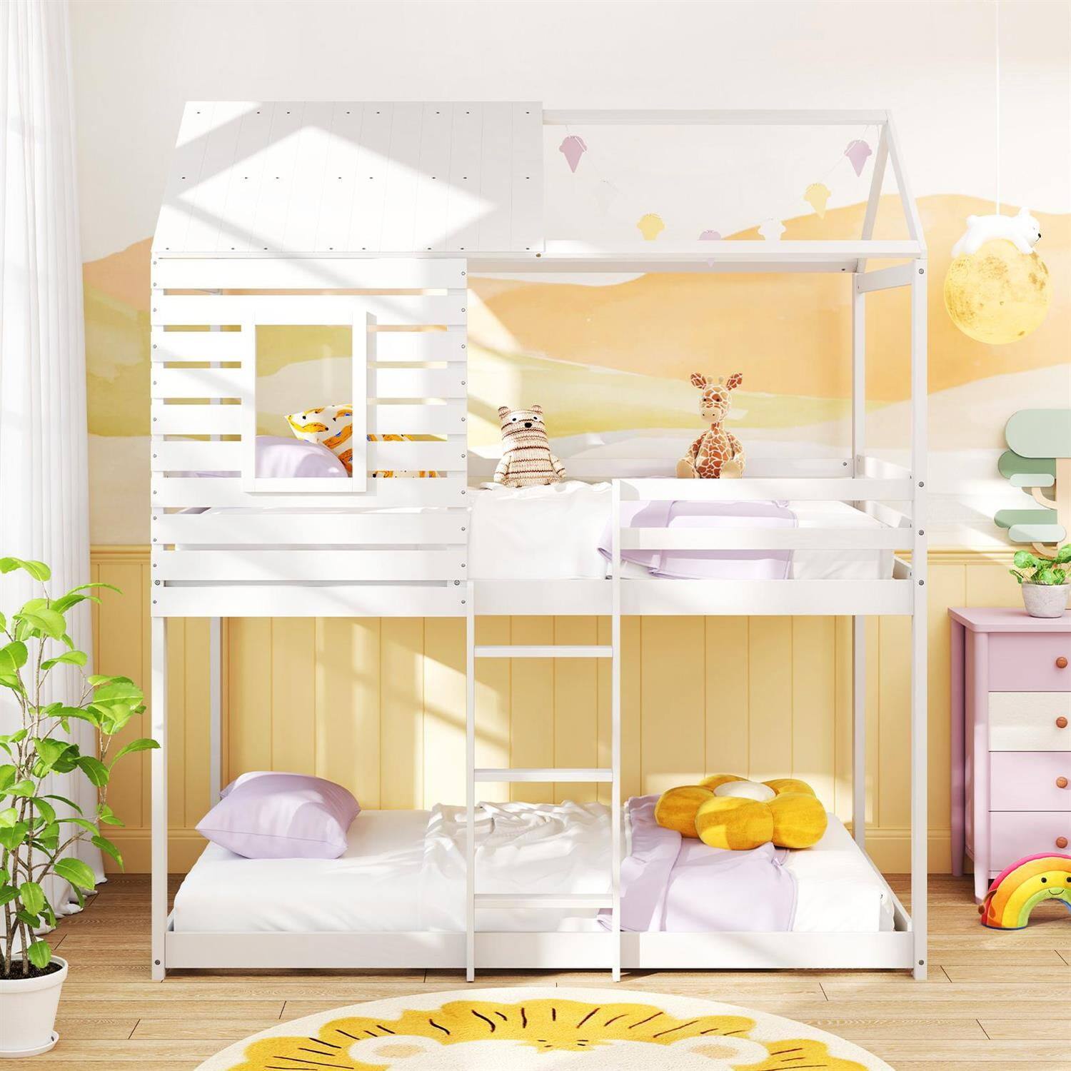 Alt View 3. Pefilos - Twin over Twin House Bunk Bed, Pitched Roof & Front Window, 14+7 Plywood Slats, High Guardrails & Integrated Ladder - White.