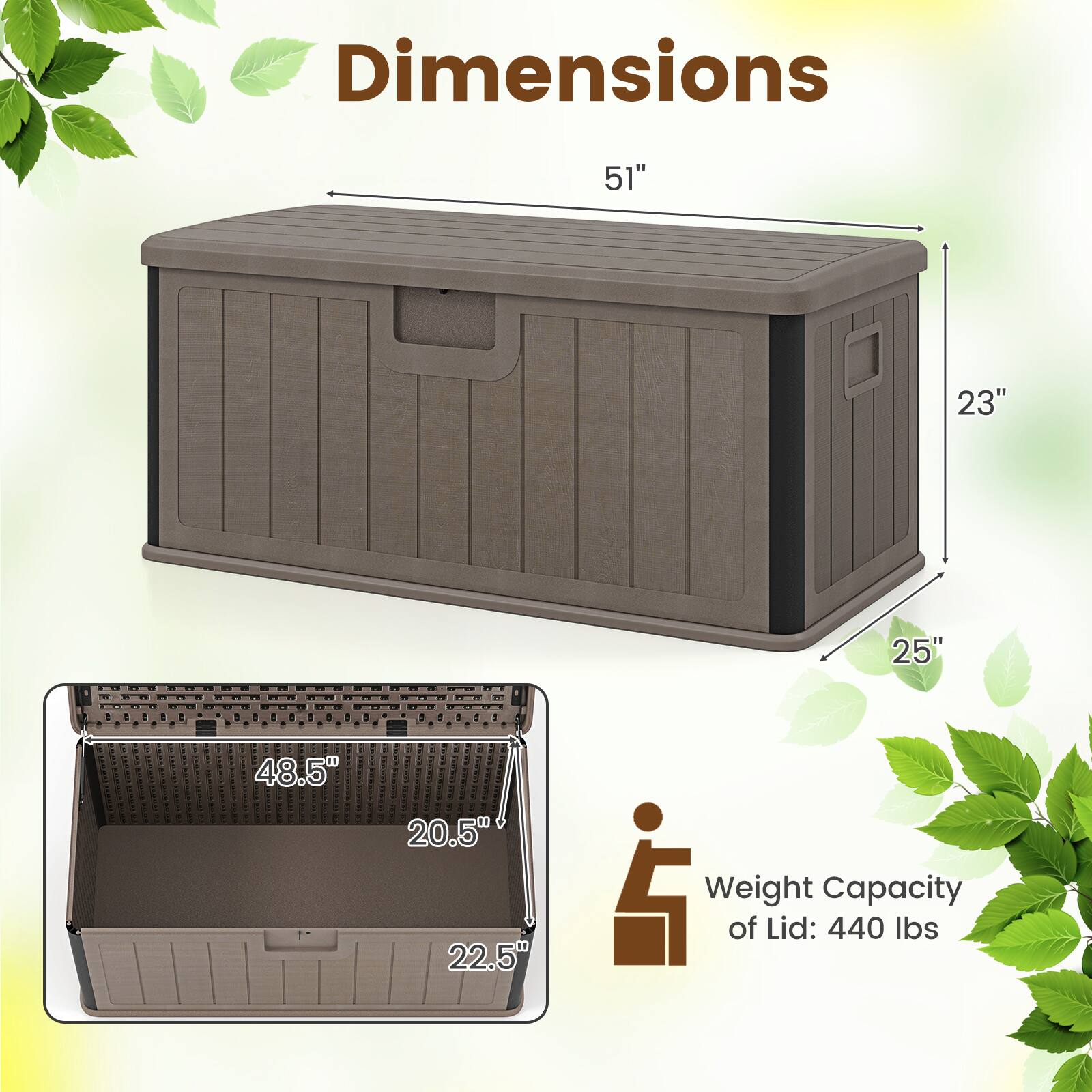 Dimensions
51"
23"
25"
48.5"
20.5"
22.5"

Weight Capacity of Lid: 440 lbs