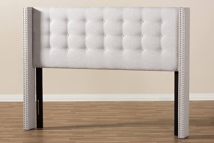 Alt View 1. Baxton Studio - Ginaro Modern And Contemporary Fabric Button-Tufted Nail head Queen Size Winged Headboard - Greyish Beige.