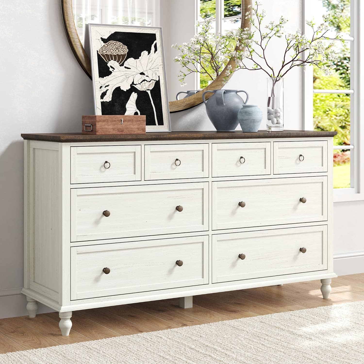 Espafurni - 65-Inch Long Dresser with 8 Deep Drawers – Wooden Chest for Living Room/Bedroom - White
