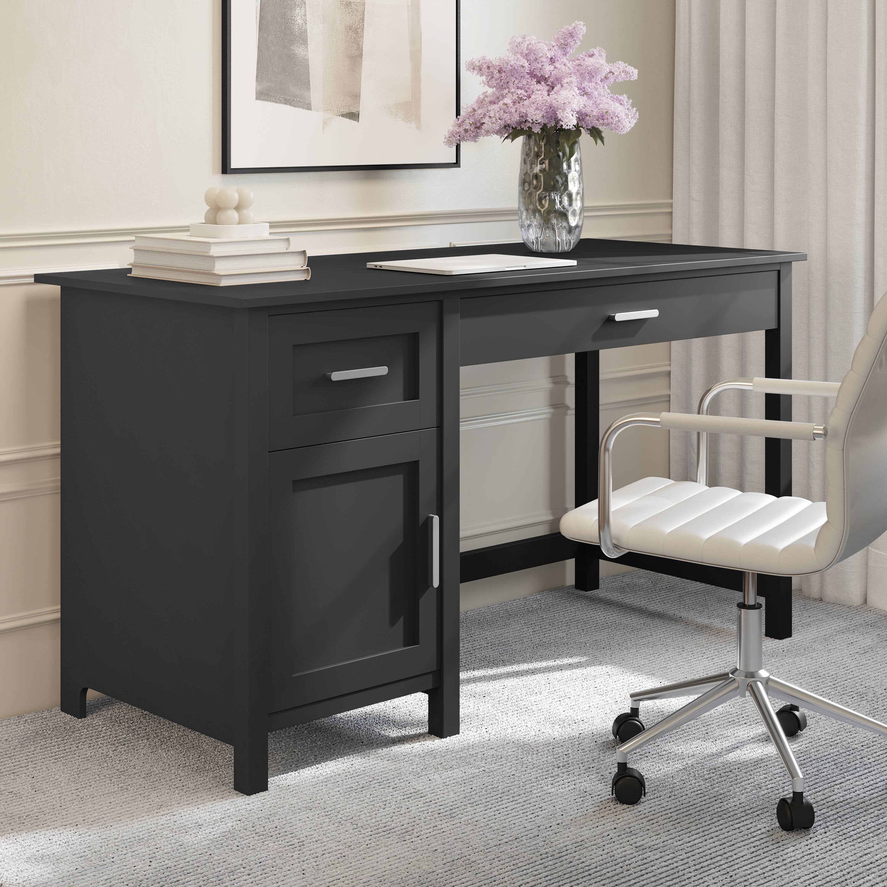 Alt View 1. Martha Stewart - Hutton Shaker Style Home Office Desk with Storage - Black Frame/Brushed Nickel Hardware.