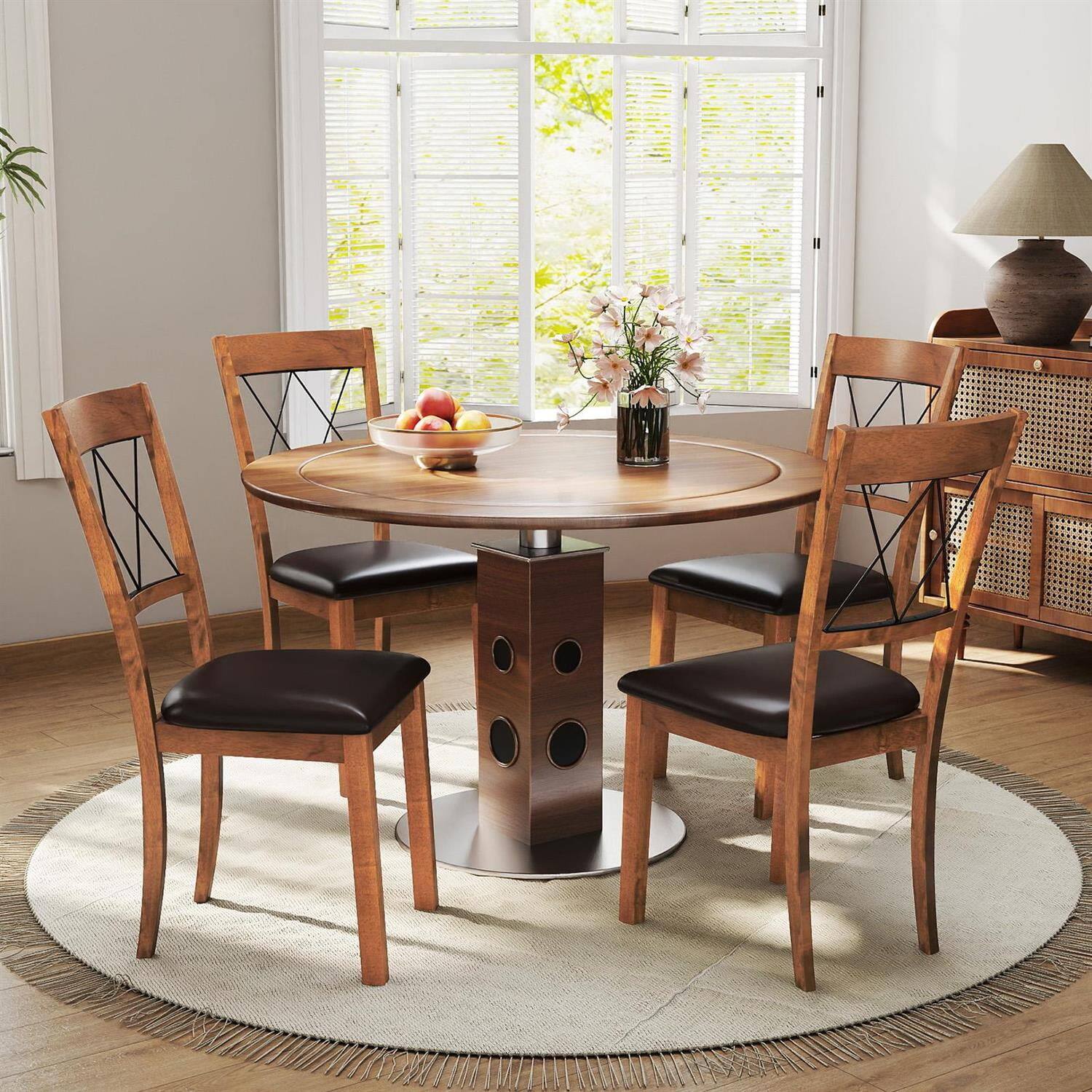 Angle. Pefilos - Set of 2 Dining Chairs,Fabric Upholstered Padded Seat,Rubber Wood Frame,Walnut - Brown.