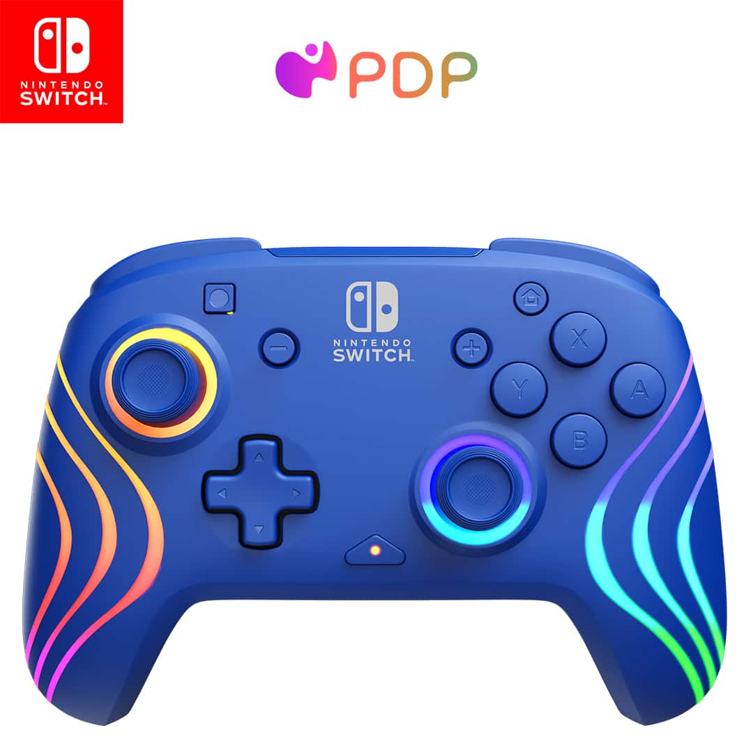 Nintendo Switch PDP controller with X, Y, A, B, and + buttons.