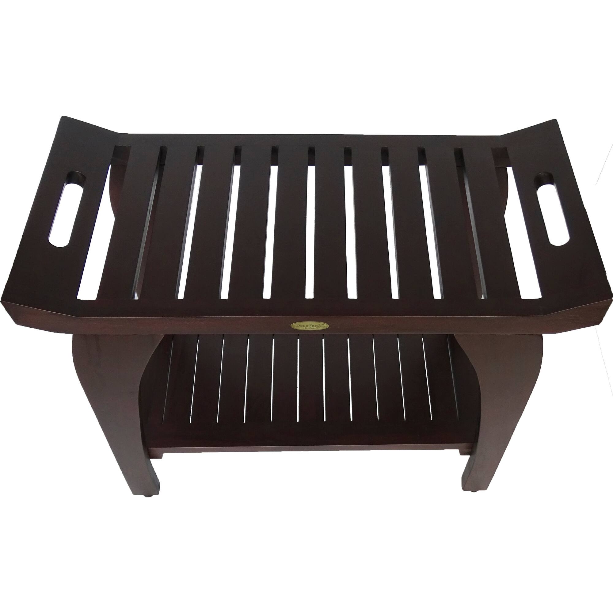 Left. DecoTeak - DecoTeak Tranquility 30"L Teak Wood Shower Bench with Shelf and LiftAide Arms in Woodland Brown Finish - Extended Height - Woodland Brown.