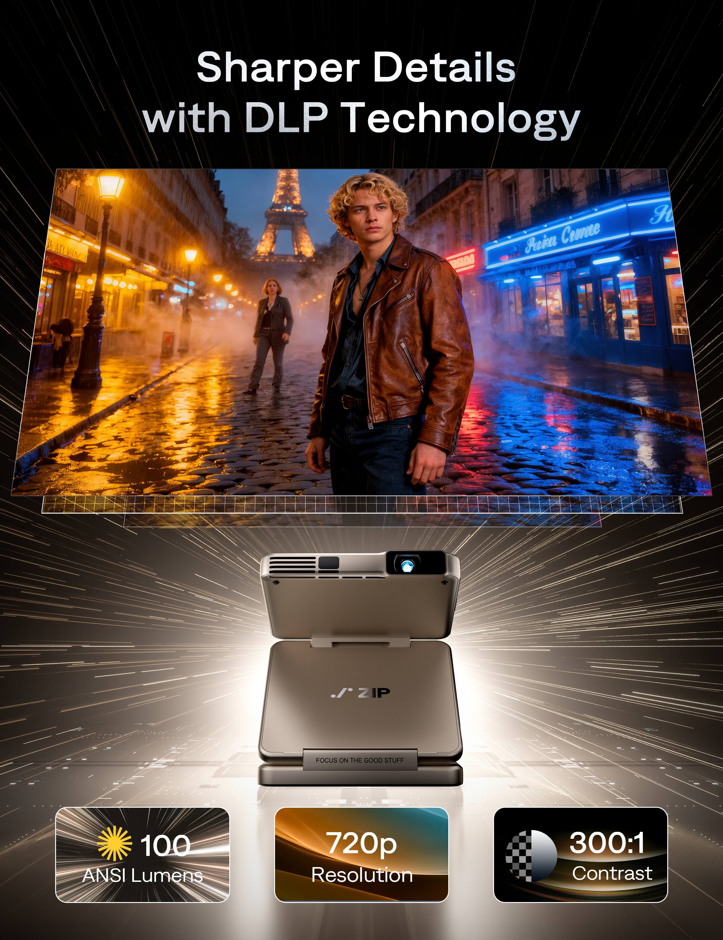 Sharper Details with DLP Technology

- 100 ANSI Lumens
- 720p Resolution
- 300:1 Contrast