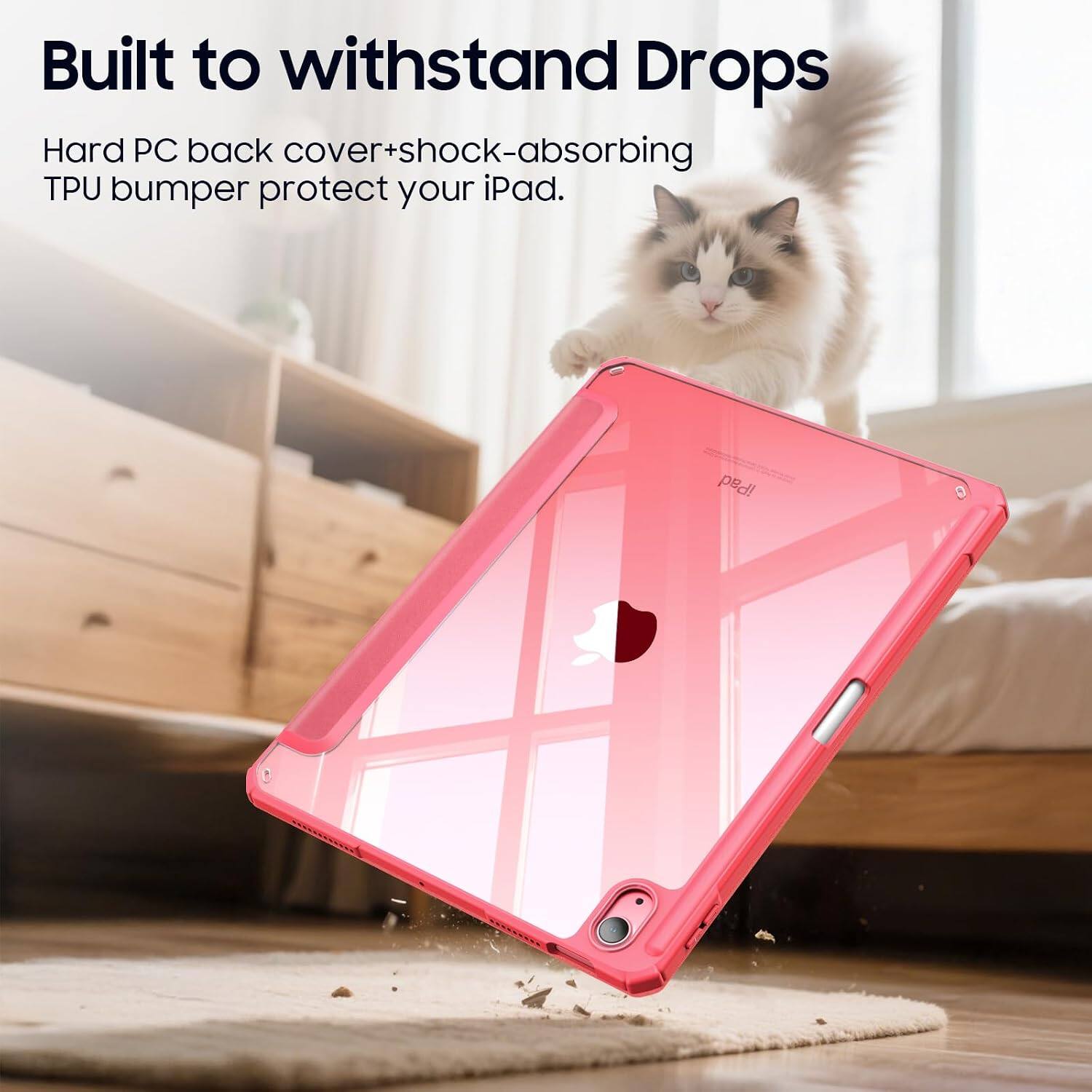 Built to withstand Drops

Hard PC back cover+shock-absorbing TPU bumper protect your iPad.