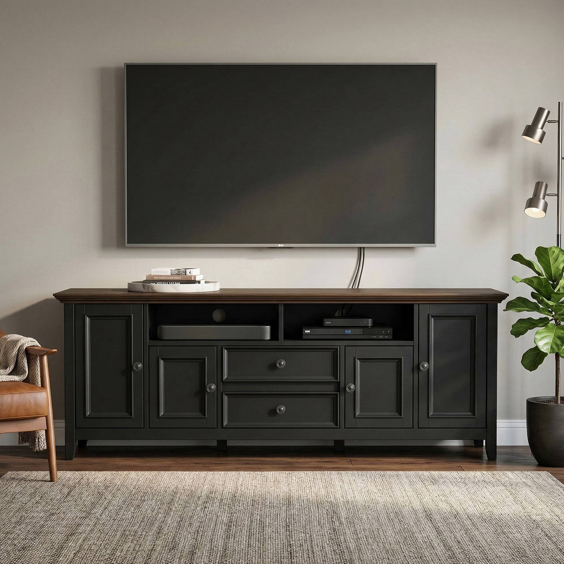 Angle. Simpli Home - Amherst 72 inch Wide Solid Wood Transitional TV Stand - Black/Smoky Brown.