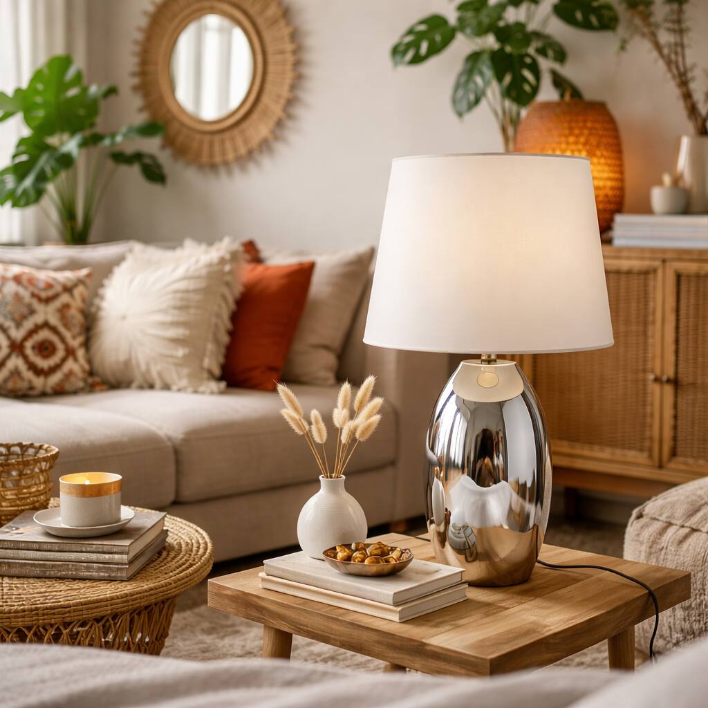 Front. FC Design - 23"H Silver Glossy Chrome Vase w/ Soft White Fabric Shade Table Lamp.