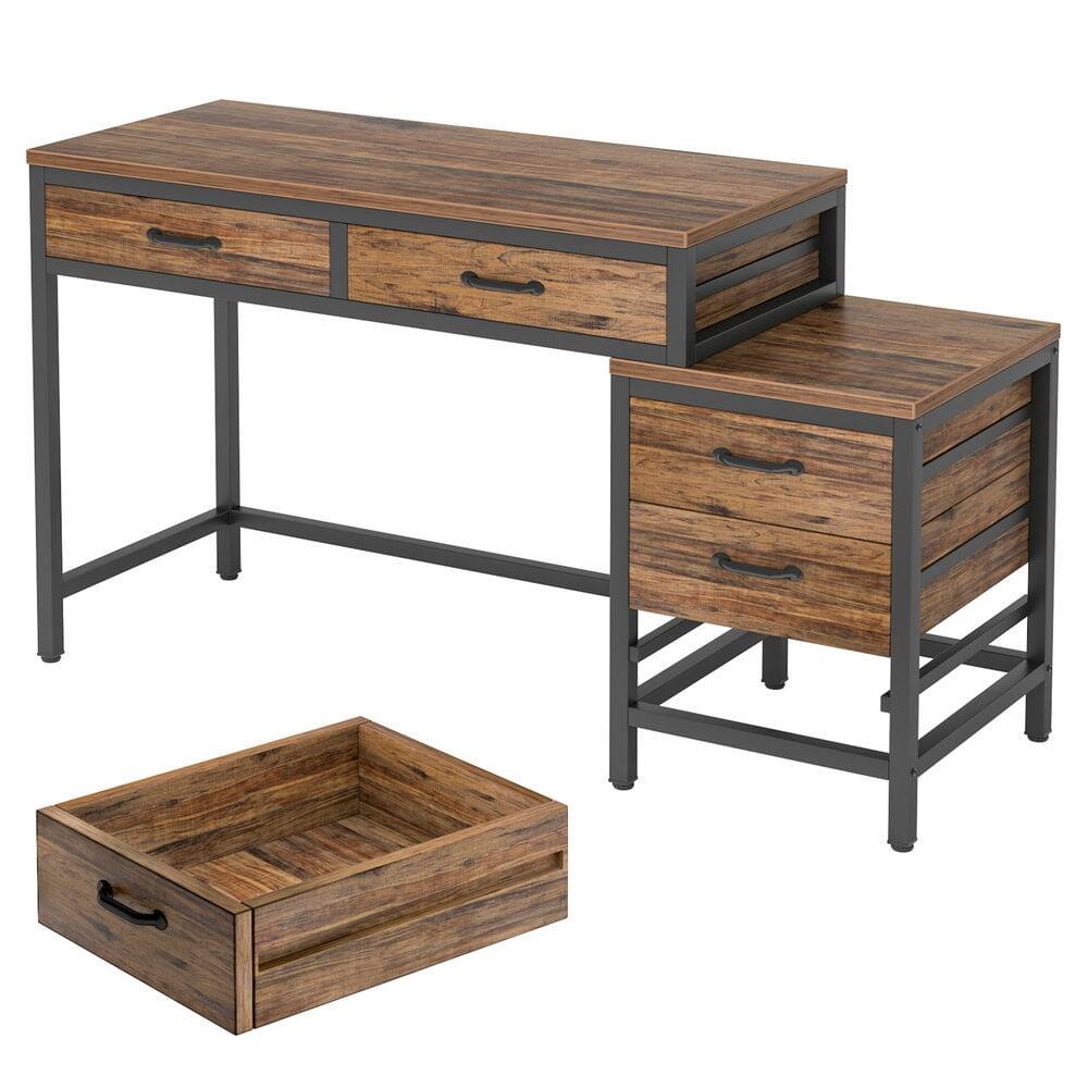 Angle. Kadyn - Kadyn Study Writing Desk, 5-Drawer Computer Desk with Reversible Drawer Cabinet - Brown.