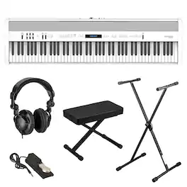 Roland - FP-60X 88-Key SuperNATURAL Portable Digital Piano, White Bundle with Stand, Bench, Sustain Pedal, Studio Monitor