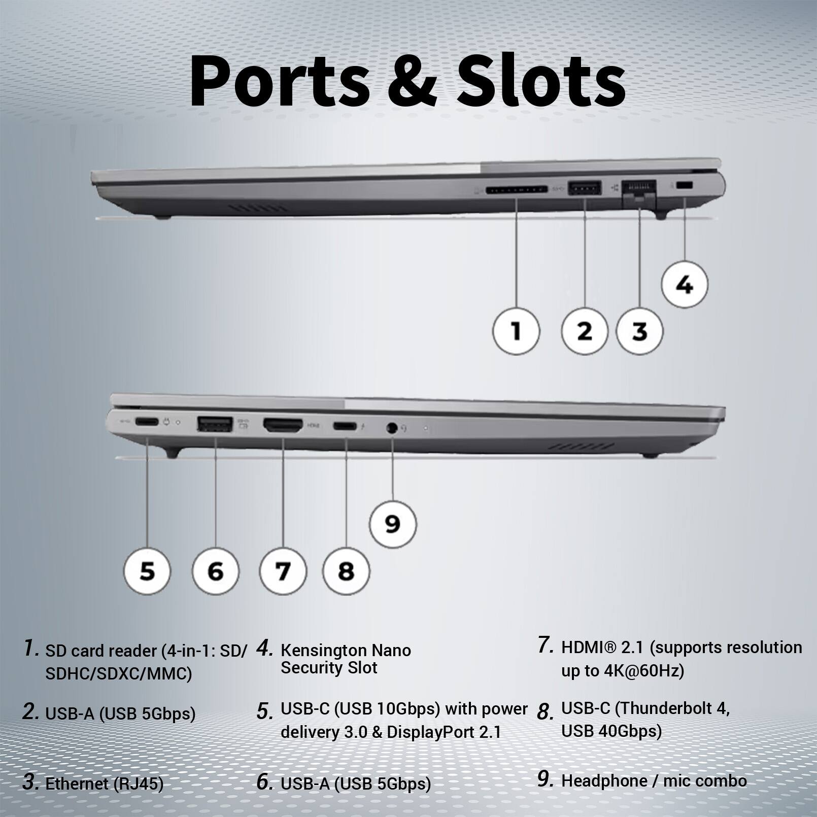 Ports & Slots

1. SD card reader (4-in-1: SD/SDHC/SDXC/MMC)
2. USB-A (USB 5Gbps)
3. Ethernet (RJ45)
4. Kensington Nano Security Slot
5. USB-C (USB 10Gbps) with power delivery 3.0 & DisplayPort 2.1
6. USB-A (USB 5Gbps)
7. HDMI 2.1 (supports resolution up to 4K@60Hz)
8. USB-C (Thunderbolt 4, USB 40Gbps)
9. Headphone/ mic combo