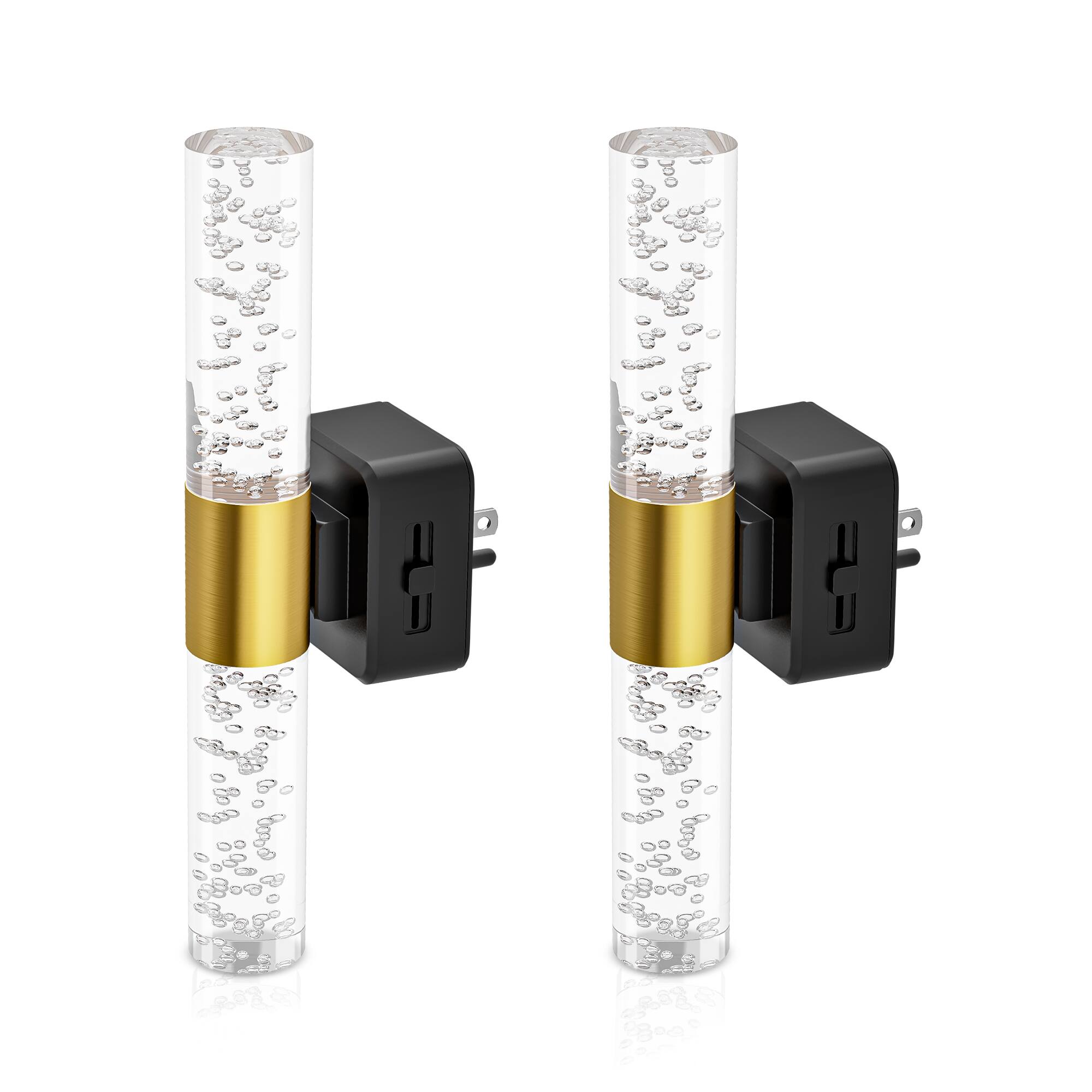 Front. Jandcase - JANDCASE 2-Pack 1W  Plug-in Night Light, 3000K Warm Glow, Bubble Acrylic Rod withUp/Down Light, , 180° Rotatable - Black and Gold.