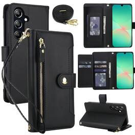 Dteck - Zipper Wallet Case for Samsung Galaxy A16 5G,Detachable Crossbody Flip Faux Leather Card Slots Kickstand Cover+Lanyard - Black