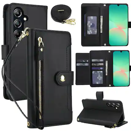 Front. Dteck - Zipper Wallet Case for Samsung Galaxy A16 5G with Lanyard PU Leather Magnetic Closure Flip Credit Card Holder Cover - Black.