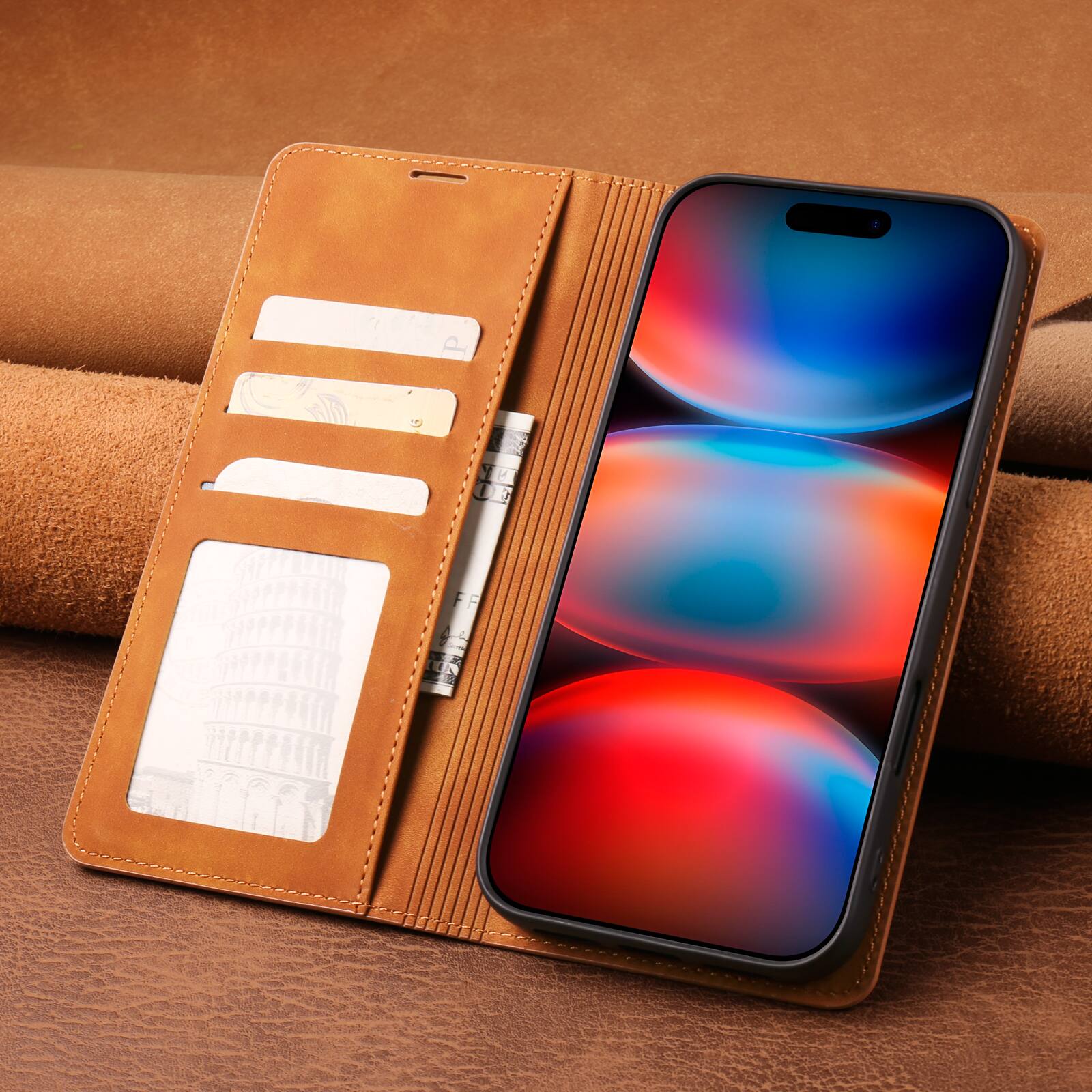 Alt View 1. Dteck - Magnetic Wallet Case For iPhone 17 Pro Max, Shockproof Card Pocket Viewing Kickstand Protective Folio PU Leather Cover - Brown.