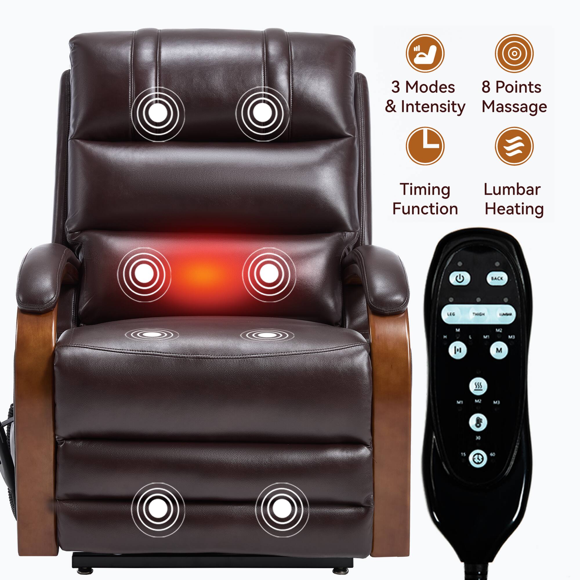 3 Modes & Intensity  
8 Points Massage  
Timing Function  
Lumbar Heating