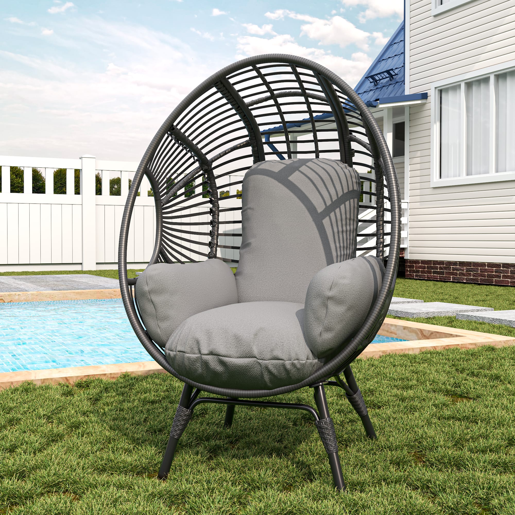 Mondawe - Patio PE Rattan Arc Back Egg Chair with 8-Inch Cushion - Black+Gray