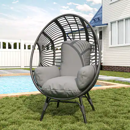 Front. Mondawe - Patio PE Rattan Arc Back Egg Chair with 8-Inch Cushion - Black+Gray.