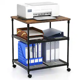 Costway - 3-Tier Printer Stand Rolling Fax Cart with Adjustable Shelf & Swivel Wheel - Brown